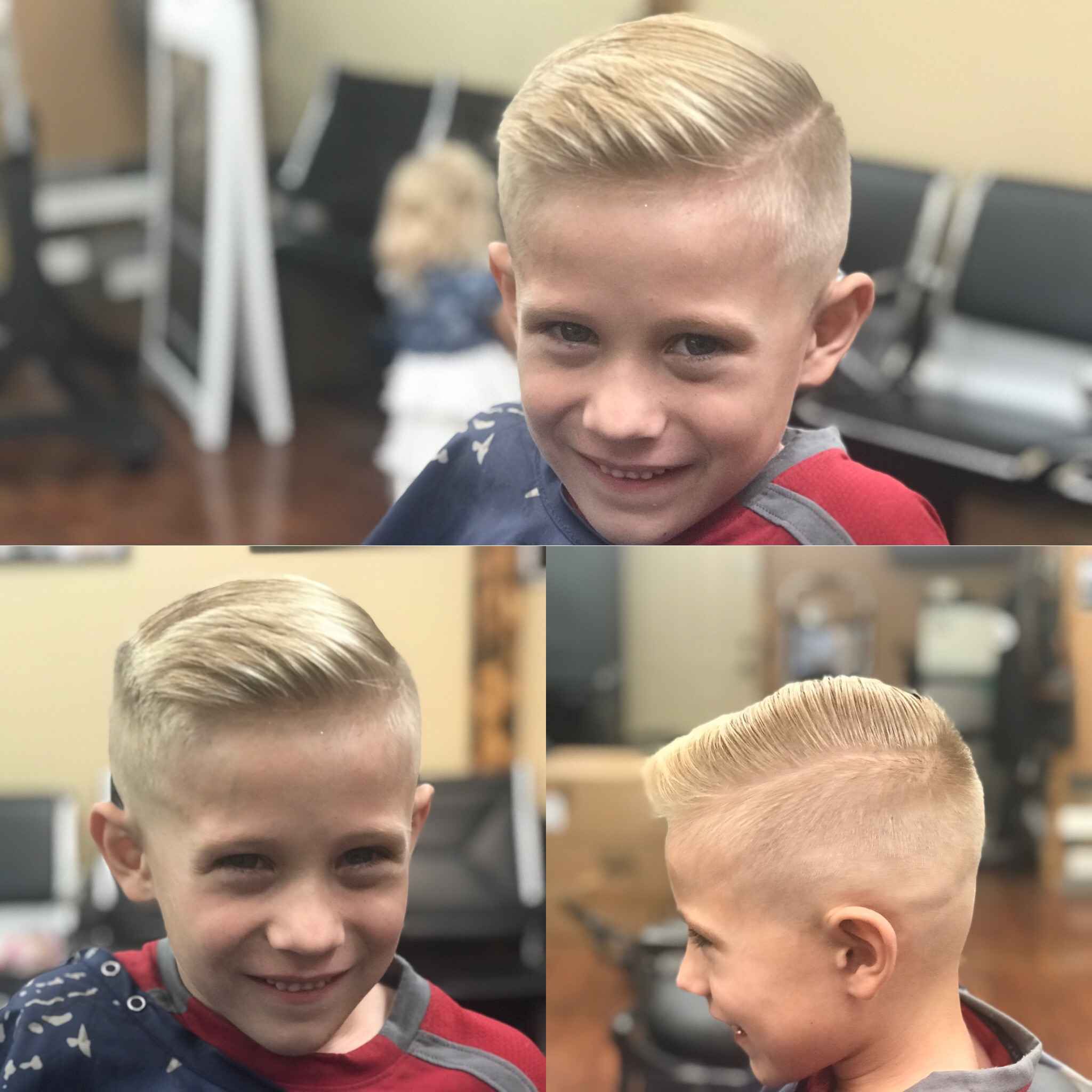 Three views of a young client with a finished side-part cut